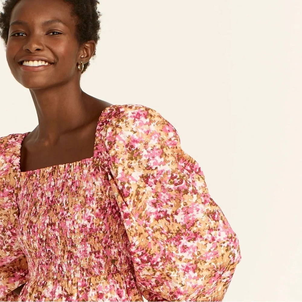 J.Crew 2X Smocked puff-sleeve midi dress faded floral cottage core preppy fem - Picture 4 of 17